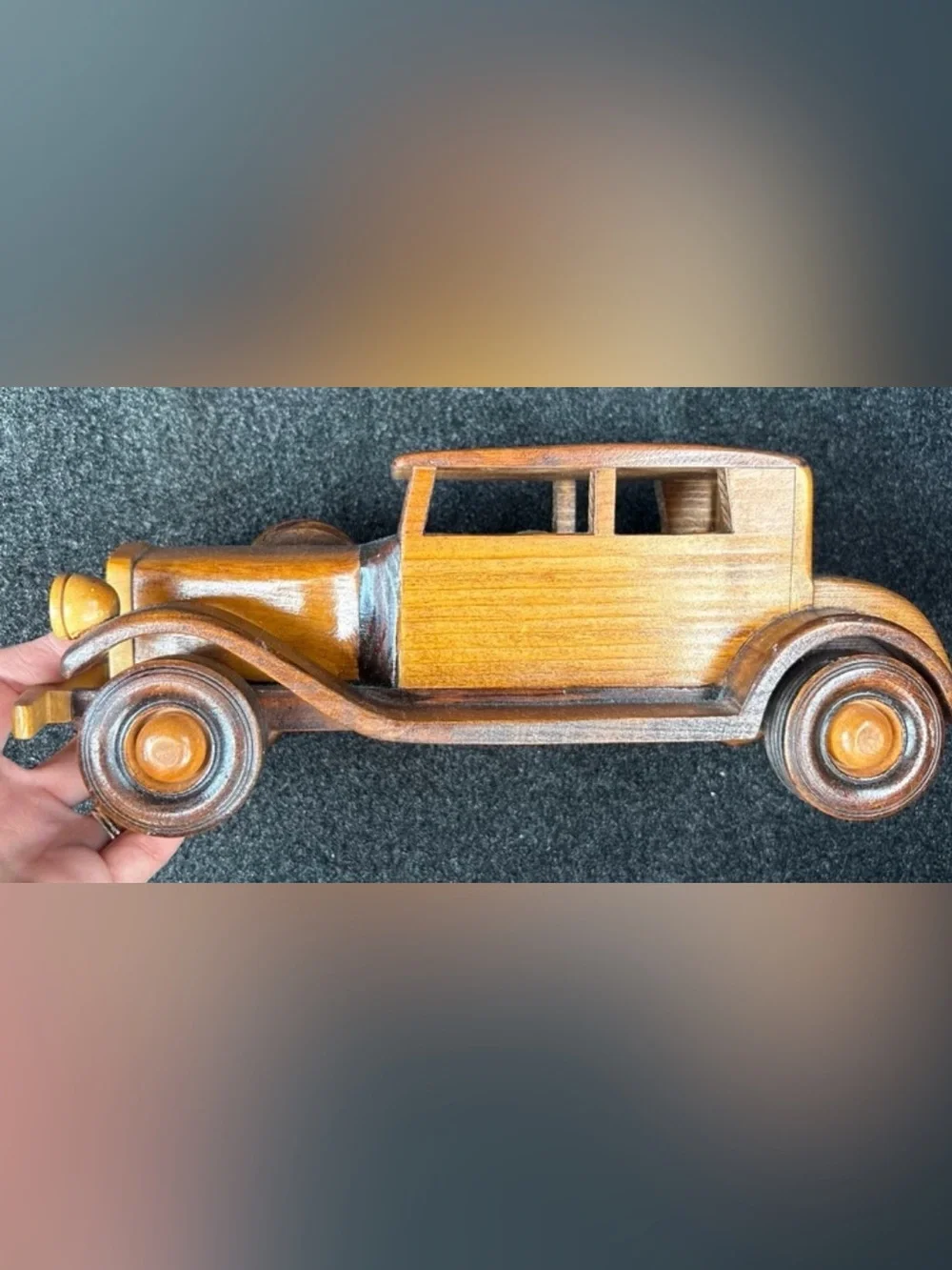 Vintage Handmade Wooden Model T Sedan Car: Two-Tone Artisan Folk Art Toy